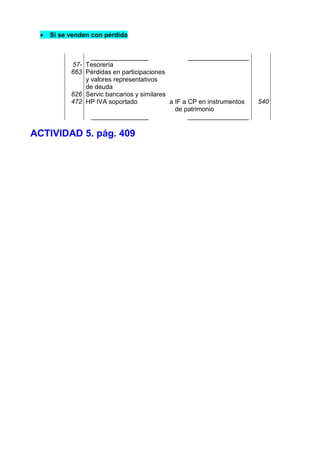    Si se venden con pérdida


                 ________________                  _________________
           57- Tesorería
           663 Pérdidas en participaciones
               y valores representativos
               de deuda
           626 Servic bancarios y similares
           472 HP IVA soportado             a IF a CP en instrumentos   540
                                              de patrimonio
                 ________________                  _________________

ACTIVIDAD 5. pág. 409
 