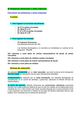 B. Préstamos efectuados a otras empresas

Concesión de préstamos a otras empresas

   Cuentas


      Para registrar la concesión del préstamo

          -   24. IF en partes vinculadas
          -   25. Otras IF a LP
          -   53. IF a CP en partes vinculadas
          -   54. Otras IF a CP


      Para registrar los intereses

          -   76. Ingresos Financieros
              Corresponde retención del 19%

              Los intereses devengados y no vencidos se contabilizan en cuentas de los
              subgrupos 53 y 54.

533. Intereses a corto plazo de valores representativos de deuda de partes
vinculadas
534. Intereses a corto plazo de créditos a partes vinculadas
546. Intereses a corto plazo de valores representativos de deuda
547. Intereses a corto plazo de créditos

   Normas de valoración

Se valorarán inicialmente por su valor razonable, que será el precio de la transacción
más los costes de transacción que les sean directamente atribuibles.

Posteriormente se valorarán por su coste amortizado. Los intereses devengados se
contabilizarán en la cuenta de pérdidas y ganancias, aplicando el método del tipo de
interés efectivo.

Al cierre del ejercicio, deberán efectuarse las correcciones valorativas necesarias
siempre que exista evidencia objetiva de que el valor los créditos se ha deteriorado como
resultado de uno o más eventos que hayan ocurrido después de su reconocimiento inicial
y que ocasionen una reducción o retraso en los flujos de efectivo estimados futuros, que
pueden venir motivados por la insolvencia del deudor.
 