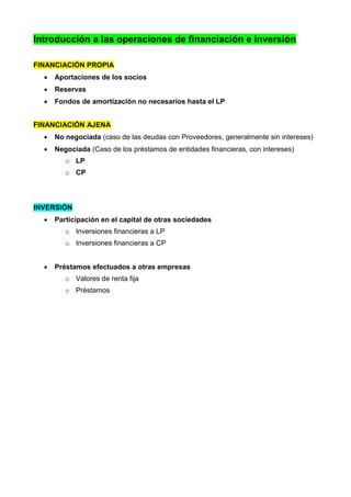 Introducción a las operaciones de financiación e inversión

FINANCIACIÓN PROPIA
     Aportaciones de los socios
     Reservas
     Fondos de amortización no necesarios hasta el LP


FINANCIACIÓN AJENA
     No negociada (caso de las deudas con Proveedores, generalmente sin intereses)
     Negociada (Caso de los préstamos de entidades financieras, con intereses)
         o LP
         o CP



INVERSIÓN
     Participación en el capital de otras sociedades
         o Inversiones financieras a LP
         o Inversiones financieras a CP


     Préstamos efectuados a otras empresas
         o Valores de renta fija
         o Préstamos
 