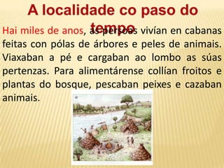 Historia da localidade: Os acontecementos que lles pasaron as persoas que viviron nesa localidade. Reflíctense en documentos históricos; que poden ser escritos (libros, periódicos, revistas …), gráficos (pinturas, fotos …) ou materiais (restos arqueolóxicos, monumentos, edificios …)Os recordos do pasadoExisten diferentes recordos do pasado:As tradicións: son costumes dunha sociedade que a diferencian doutras sociedades. As tradicións transmítense de pais a fillos. Son tradicións: os bailes (Muiñeira), os traxes (traxe galego), as comidas típicas (caldo), a artesanía e as lendas (historias sobre personaxes que viviron hai moitos anos cunha parte real e outra inventada)As festas populares: Tódalas aldeas, vilas e cidades fan celebracións. Ex : San Pedro en Muros
