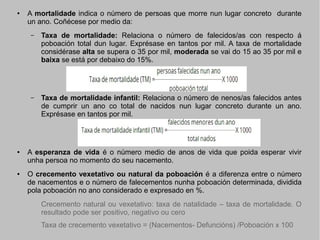●

A mortalidade indica o número de persoas que morre nun lugar concreto durante
un ano. Coñécese por medio da:
–

–

●

●

Taxa de mortalidade: Relaciona o número de falecidos/as con respecto á
poboación total dun lugar. Exprésase en tantos por mil. A taxa de mortalidade
considérase alta se supera o 35 por mil, moderada se vai do 15 ao 35 por mil e
baixa se está por debaixo do 15%.

Taxa de mortalidade infantil: Relaciona o número de nenos/as falecidos antes
de cumprir un ano co total de nacidos nun lugar concreto durante un ano.
Exprésase en tantos por mil.

A esperanza de vida é o número medio de anos de vida que poida esperar vivir
unha persoa no momento do seu nacemento.
O crecemento vexetativo ou natural da poboación é a diferenza entre o número
de nacementos e o número de falecementos nunha poboación determinada, dividida
pola poboación no ano considerado e expresado en %.
Crecemento natural ou vexetativo: taxa de natalidade – taxa de mortalidade. O
resultado pode ser positivo, negativo ou cero
Taxa de crecemento vexetativo = (Nacementos- Defuncións) /Poboación x 100

 