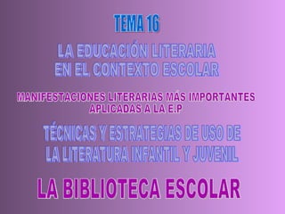 LA EDUCACIÓN LITERARIA  EN EL CONTEXTO ESCOLAR MANIFESTACIONES LITERARIAS MÁS IMPORTANTES  APLICADAS A LA E.P TÉCNICAS Y ESTRATEGIAS DE USO DE  LA LITERATURA INFANTIL Y JUVENIL LA BIBLIOTECA ESCOLAR TEMA 16 