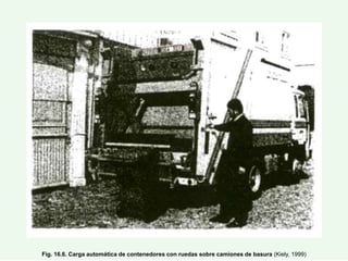 Fig. 16.6. Carga automática de contenedores con ruedas sobre camiones de basura (Kiely, 1999)
 