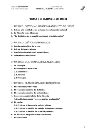 COLEGIO SANTA CRISTINA                              CURSO 2008-2009
                             HISTORIA DE LA FILOSOFÍA 2º BACHILLERATO
SEM. CIENCIAS SOCIALES




                         TEMA 16: MARX (1818-1883)

1ª UNIDAD: CRÍTICA AL IDEALISMO ABSOLUTO DE HEGEL
1. Crítica a la realidad como sistema absolutamente racional
2. La filosofía como ideología
3. “La dialéctica de la negatividad como principio motor”


2ª UNIDAD: CRÍTICA A FEUERBACH
1. Teoría materialista de lo real
2. Crítica del materialismo
3. Insuficiencia teórica del materialismo
4. Idealismo de Feuerbach


3ª UNIDAD: LAS FORMAS DE LA ALIENACIÓN
1. La ideología
2. El concepto de alienación
   2.1.Económica
   2.2.Jurídica
   2.3.Teológica


4ª UNIDAD: EL MATERIALISMO DIALÉCTICO
1. Materialismo y dialéctica
2. El concepto marxista de dialéctica
3. El concepto marxista de materialismo
4. Concepción materialista de la Historia
   4.1.La Historia como “proceso real de producción”
5. El capital
   5.1.Crítica a la Economía política clásica
   5.2.Crítica a la noción de trabajo: la fuerza de trabajo
   5.3.Crítica a la noción de valor: la plusvalía
6. La dictadura del proletariado: socialismo
7. El comunismo




                                                                        1
 