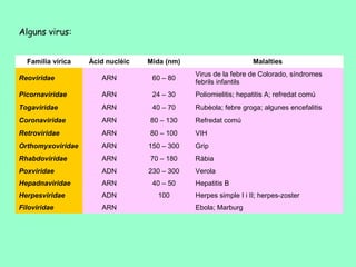 Alguns virus:


  Familia vírica   Àcid nuclèic   Mida (nm)                      Malalties
                                              Virus de la febre de Colorado, síndromes
Reoviridae            ARN          60 – 80
                                              febrils infantils
Picornaviridae        ARN          24 – 30    Poliomielitis; hepatitis A; refredat comú
Togaviridae           ARN          40 – 70    Rubèola; febre groga; algunes encefalitis
Coronaviridae         ARN         80 – 130    Refredat comú
Retroviridae          ARN         80 – 100    VIH
Orthomyxoviridae      ARN         150 – 300   Grip
Rhabdoviridae         ARN         70 – 180    Ràbia
Poxviridae            ADN         230 – 300   Verola
Hepadnaviridae        ARN          40 – 50    Hepatitis B
Herpesviridae         ADN           100       Herpes simple I i II; herpes-zoster
Filoviridae           ARN                     Ebola; Marburg
 