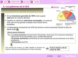 HISTORIA DE ESPAÑA
TEMA 17
RECURSOS INTERNETPRESENTACIÓN
Santillana
INICIO
SALIRSALIRANTERIORANTERIOR
Los gobiernos de Suárez y la división de UCDLos gobiernos de Suárez y la división de UCD
En las elecciones generales de 1979 volvió a ganar
UCD pero sin mayoría absoluta
4.- Los gobiernos de la UCD
También se celebraron elecciones municipales, con éxito de
UCD, pero en las grandes ciudades hubo victoria de los
socialistas
La heterogénea composición de UCD (de derecha a centro-izquierda) dificultó la labor de
Adolfo Suárez
Afrontó graves problemas
-La crisis económica (encarecimiento del petróleo, disminución de inversiones extranjeras,
disminución de la productividad, paro y conflictividad laboral)
-El proceso autonómico (la demanda de más competencias provocó tensiones en la UCD y
el gobierno)
-El terrorismo (de ETA)
Ampliación
Suárez dimitió el 29 de
enero de 1981
Una moción de censura, en 1980, debilitó la posición de
Suárez y reforzó las posibilidades de Felipe González
 
