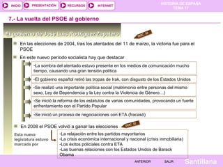 HISTORIA DE ESPAÑA
TEMA 17
RECURSOS INTERNETPRESENTACIÓN
Santillana
INICIO
SALIRSALIRANTERIORANTERIOR
El gobierno de José Luis Rodríguez ZapateroEl gobierno de José Luis Rodríguez Zapatero
En las elecciones de 2004, tras los atentados del 11 de marzo, la victoria fue para el
PSOE
7.- La vuelta del PSOE al gobierno
DOC. 32
En este nuevo período socialista hay que destacar
-La sombra del atentado estuvo presente en los medios de comunicación mucho
tiempo, causando una gran tensión política
-El gobierno español retiró las tropas de Irak, con disgusto de los Estados Unidos
-Se realizó una importante política social (matrimonio entre personas del mismo
sexo, Ley de Dependencia y la Ley contra la Violencia de Género…)
-Se inició la reforma de los estatutos de varias comunidades, provocando un fuerte
enfrentamiento con el Partido Popular
-Se inició un proceso de negociaciones con ETA (fracasó)
En 2008 el PSOE volvió a ganar las elecciones DOC. 32
Esta nueva
legislatura estuvo
marcada por
-La relajación entre los partidos mayoritarios
-La crisis económica internacional y nacional (crisis inmobiliaria)
-Los éxitos policiales contra ETA
-Las buenas relaciones con los Estados Unidos de Barack
Obama
 