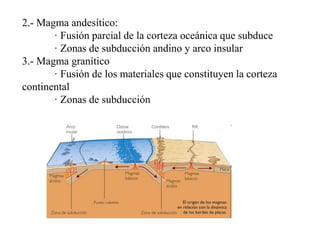 2.- Magma andesítico:
· Fusión parcial de la corteza oceánica que subduce
· Zonas de subducción andino y arco insular
3.- Magma granítico
· Fusión de los materiales que constituyen la corteza
continental
· Zonas de subducción
 