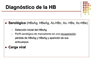 Diagnóstico de la HB
 Serológico (HBsAg, HBeAg, Ac-HBc, Ac- HBs, Ac-HBe)
 Carga viral
- Detección inicial del HBsAg
- Perfil serológico de marcadores en una recuperación:
pérdida de HBsAg y HBeAg y aparición de sus
anticuerpos
 
