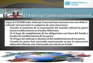 Según la CNUDMI sobre Arbitraje Comercial Internacional esta concebido el
arbitraje internacional en cualquiera de estas situaciones:
•Cuando al momento de la concertación del acuerdo arbitral las partes
tienen establecimiento en Estados Diferentes.
•Si el lugar de cumplimiento de las obligaciones está fuera del Estado o
Estados de Establecimiento de las partes.
•Si el lugar del arbitraje es distinto al del establecimiento de las partes.
•Cuando las partes han convenido expresamente en que la controversia
objeto del arbitraje está relacionado con más de un Estado.
 