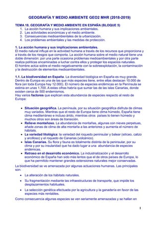 GEOGRAFÍA Y MEDIO AMBIENTE GEO2 MHR (2018-2019)
TEMA 18. GEOGRAFÍA Y MEDIO AMBIENTE EN ESPAÑA (BLOQUE 5)
1. La acción huma...