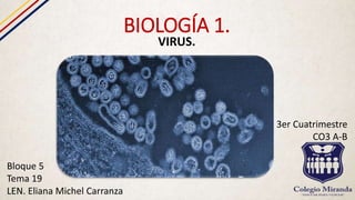 BIOLOGÍA 1.
VIRUS.
Bloque 5
Tema 19
LEN. Eliana Michel Carranza
3er Cuatrimestre
CO3 A-B
 