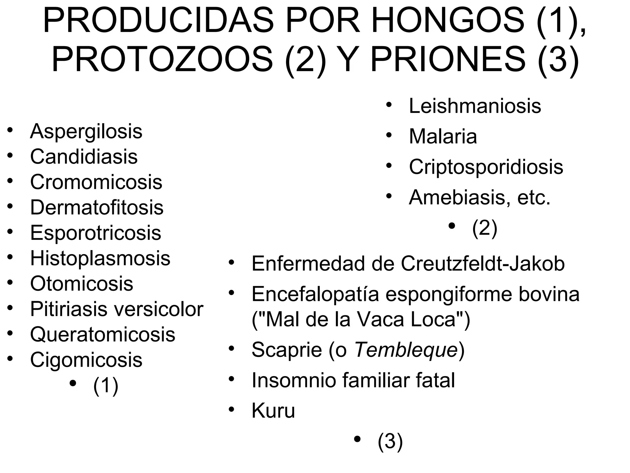 PRODUCIDAS POR HONGOS (1), PROTOZOOS (2) Y PRIONES (3) Aspergilosis Candidiasis Cromomicosis Dermatofitosis Esporotricosis Histoplasmosis Otomicosis Pitiriasis versicolor Queratomicosis Cigomicosis (1) Leishmaniosis Malaria Criptosporidiosis Amebiasis, etc. (2) Enfermedad de Creutzfeldt-Jakob Encefalopatía espongiforme bovina ("Mal de la Vaca Loca") Scaprie (o Tembleque ) Insomnio familiar fatal Kuru (3)