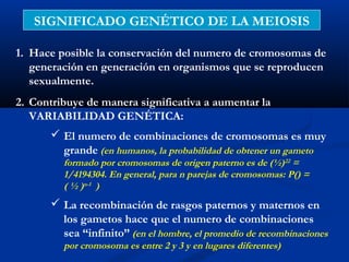 SIGNIFICADO GENÉTICO DE LA MEIOSIS

1. Hace posible la conservación del numero de cromosomas de
   generación en generación en organismos que se reproducen
   sexualmente.
2. Contribuye de manera significativa a aumentar la
   VARIABILIDAD GENÉTICA:
       El numero de combinaciones de cromosomas es muy
        grande (en humanos, la probabilidad de obtener un gameto
         formado por cromosomas de origen paterno es de (½)22 =
         1/4194304. En general, para n parejas de cromosomas: P() =
         ( ½ )n-1 )
       La recombinación de rasgos paternos y maternos en
        los gametos hace que el numero de combinaciones
        sea “infinito” (en el hombre, el promedio de recombinaciones
         por cromosoma es entre 2 y 3 y en lugares diferentes)
 