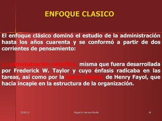 ENFOQUE CLASICO

El enfoque clásico dominó el estudio de la administración
hasta los años cuarenta y se conformó a partir de dos
corrientes de pensamiento:

La administración científica, misma que fuera desarrollada
por Frederick W. Taylor y cuyo énfasis radicaba en las
tareas, así como por la teoría clásica, de Henry Fayol, que
hacía incapie en la estructura de la organización.




       25/05/12           Miguel A. Herrera Murillo   18
 