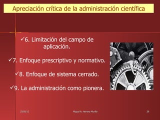 Apreciación crítica de la administración científica



    6. Limitación del campo de
             aplicación.

7. Enfoque prescriptivo y normativo.

  8. Enfoque de sistema cerrado.

9. La administración como pionera.


    25/05/12            Miguel A. Herrera Murillo      29
 