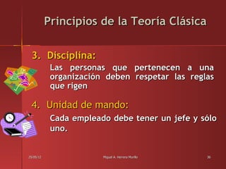 Principios de la Teoría Clásica

 3. Disciplina:
            Las personas que pertenecen a una
            organización deben respetar las reglas
            que rigen

 4. Unidad de mando:
            Cada empleado debe tener un jefe y sólo
            uno.


25/05/12                Miguel A. Herrera Murillo   36
 