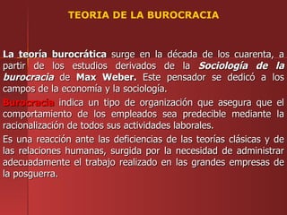 TEORIA DE LA BUROCRACIA



La teoría burocrática surge en la década de los cuarenta, a
partir de los estudios derivados de la Sociología de la
burocracia de Max Weber. Este pensador se dedicó a los
campos de la economía y la sociología.
Burocracia indica un tipo de organización que asegura que el
comportamiento de los empleados sea predecible mediante la
racionalización de todos sus actividades laborales.
Es una reacción ante las deficiencias de las teorías clásicas y de
las relaciones humanas, surgida por la necesidad de administrar
adecuadamente el trabajo realizado en las grandes empresas de
la posguerra.
 