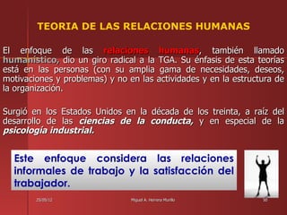 TEORIA DE LAS RELACIONES HUMANAS

El enfoque de las relaciones humanas, también llamado
humanístico, dio un giro radical a la TGA. Su énfasis de esta teorías
está en las personas (con su amplia gama de necesidades, deseos,
motivaciones y problemas) y no en las actividades y en la estructura de
la organización.

Surgió en los Estados Unidos en la        década de         los treinta, a raíz del
desarrollo de las ciencias de la          conducta,          y en especial de la
psicología industrial.


  Este enfoque considera las relaciones
  informales de trabajo y la satisfacción del
  trabajador.
        25/05/12                Miguel A. Herrera Murillo                    50
 