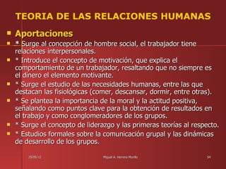 TEORIA DE LAS RELACIONES HUMANAS
   Aportaciones
   * Surge al concepción de hombre social, el trabajador tiene
    relaciones interpersonales.
   * Introduce el concepto de motivación, que explica el
    comportamiento de un trabajador, resaltando que no siempre es
    el dinero el elemento motivante.
   * Surge el estudio de las necesidades humanas, entre las que
    destacan las fisiológicas (comer, descansar, dormir, entre otras).
   * Se plantea la importancia de la moral y la actitud positiva,
    señalando como puntos clave para la obtención de resultados en
    el trabajo y como conglomeradores de los grupos.
   * Surge el concepto de liderazgo y las primeras teorías al respecto.
   * Estudios formales sobre la comunicación grupal y las dinámicas
    de desarrollo de los grupos.

        25/05/12                 Miguel A. Herrera Murillo         54
 