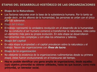 ETAPAS DEL DESARROLLO HISTÓRICO DE LAS ORGANIZACIONES

   Etapa de la Naturaleza.
   Los factores naturales eran la base de la subsistencia humana. Por lo tanto se
    puede decir, en los albores de la humanidad, las personas se unían con el único
    afán de sobrevivir.
   Etapa del trabajo.
   El trabajo representó la verdadera revolución en el desarrollo de la humanidad.
    Por su conducto el ser humano comenzó a transformar la naturaleza, vista como
    un elemento más para su propia evolución. En esta etapa se desarrollaron
    herramientas más complejas y con ellas los artesanos y talleres.
   Etapa del capital
   En esta etapa la propiedad y el capital prevalecen sobre la naturaleza y el
    trabajo. Nacen las organizaciones con fines de lucro.
   Etapa de la organización
   No obstante la existencia de la organizaciones rudimentarias desde su primera
    etapa, éstas fueron evolucionando en el transcurso del tiempo.
   Hoy es posible identificar una gama amplia de organizaciones, desde aquellas
    cuyo objetivo primordial es obtener utilidades, hasta las que buscan, como meta
    primordial, un bienestar social.
 