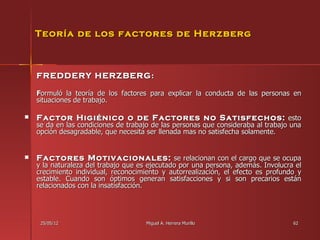 Teoría de los factores de Herzberg



    FREDDERY HERZBERG :

    Formuló la teoría de los factores para explicar la conducta de las personas en
    situaciones de trabajo.

   Factor Higiénico o de Factores no Satisfechos: esto
    se da en las condiciones de trabajo de las personas que consideraba al trabajo una
    opción desagradable, que necesita ser llenada mas no satisfecha solamente.


   Factores Motivacionales: se relacionan con el cargo que se ocupa
    y la naturaleza del trabajo que es ejecutado por una persona, además. Involucra el
    crecimiento individual, reconocimiento y autorrealización, el efecto es profundo y
    estable. Cuando son óptimos generan satisfacciones y si son precarios están
    relacionados con la insatisfacción.




     25/05/12                        Miguel A. Herrera Murillo                     62
 