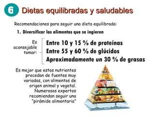 Recomendaciones para seguir una dieta equilibrada: Diversificar los alimentos que se ingieren Entre 10 y 15 % de proteínas Entre 55 y 60 % de glúcidos Aproximadamente un 30 % de grasas Es aconsejable tomar: Es mejor que estos nutrientes procedan de fuentes muy variadas, con alimentos de origen animal y vegetal. Numerosos expertos recomiendan seguir una “pirámide alimentaria” Dietas equilibradas y saludables 6 