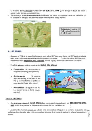 Página3
- La mayoría de la población mundial vive en ZONAS LLANAS y por debajo de 500m de altitud (
causa: mejor clima y c...