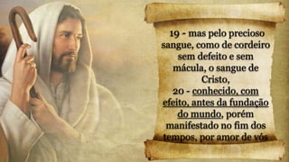 19 - mas pelo precioso
sangue, como de cordeiro
sem defeito e sem
mácula, o sangue de
Cristo,
20 - conhecido, com
efeito, antes da fundação
do mundo, porém
manifestado no fim dos
tempos, por amor de vós
 