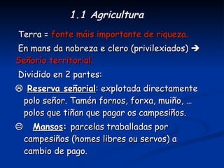 1.1 Agricultura Terra =  fonte máis importante de riqueza. 