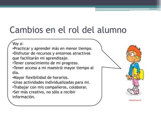 Cambios en el rol del alumno
Voy a:
•Practicar y aprender más en menor tiempo.
•Disfrutar de recursos y entornos atractivos
que facilitarán mi aprendizaje.
•Tener conocimiento de mi progreso.
•Tener acceso a mi maestr@ mayor tiempo al
día.
•Mayor flexibilidad de horarios.
•Unas actividades individualizadas para mi.
•Trabajar con mis compañeros, colaborar.
•Ser más creativo, no sólo a recibir
información.
 
