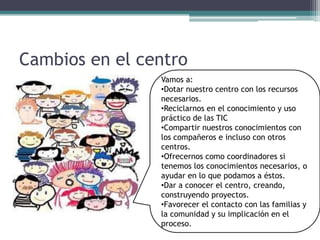 Cambios en el centro
                Vamos a:
                •Dotar nuestro centro con los recursos
                necesarios.
                •Reciclarnos en el conocimiento y uso
                práctico de las TIC
                •Compartir nuestros conocimientos con
                los compañeros e incluso con otros
                centros.
                •Ofrecernos como coordinadores si
                tenemos los conocimientos necesarios, o
                ayudar en lo que podamos a éstos.
                •Dar a conocer el centro, creando,
                construyendo proyectos.
                •Favorecer el contacto con las familias y
                la comunidad y su implicación en el
                proceso.
 