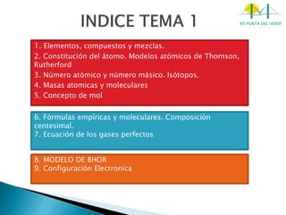 IES PUNTA DEL VERDE
1. Elementos, compuestos y mezclas.
2. Constitución del átomo. Modelos atómicos de Thomson,
Rutherford
3. Número atómico y número másico. Isótopos.
4. Masas atomicas y moleculares
5. Concepto de mol
6. Fórmulas empíricas y moleculares. Composición
centesimal.
7. Ecuación de los gases perfectos
8. MODELO DE BHOR
9. Configuración Electronica
 