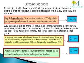 IES PUNTA DEL VERDE
El químico inglés Boyle estudió el comportamiento de los gases
cuando eran sometidos a presión, descubriendo la ley que lleva su
nombre..
Gay-Lussac, químico francés, estudió el comportamiento de los gases
cuando se cambiaba su temperatura. De esta forma enunció las leyes de
los gases que llevan su nombre, dos leyes sobre la dilatación de los
gases
 