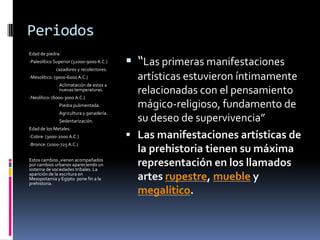 Bronce: (2000-725 A.C.)Estos cambios ,vienen acompañados por cambios urbanos apareciendo un sistema de sociedades tribales. La aparición de la escritura en Mesopotamia y Egipto  pone fin a la prehistoria.“Las primeras manifestaciones artísticas estuvieron íntimamente relacionadas con el pensamiento mágico-religioso, fundamento de su deseo de supervivencia”Las manifestaciones artísticas de la prehistoria tienen su máxima representación en los llamados artes rupestre, mueble y megalítico.  