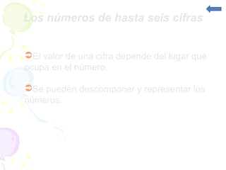 Los números de hasta seis cifras El valor de una cifra depende del lugar que ocupa en el número. Se pueden descomponer y representar los números.
