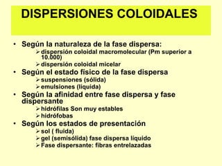 DISPERSIONES COLOIDALES  <ul><li>Según la naturaleza de la fase dispersa:  </li></ul><ul><ul><ul><li>dispersión coloidal m...