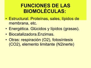 FUNCIONES DE LAS BIOMOLÉCULAS:  <ul><li>Estructural. Proteínas, sales, lípidos de membrana, etc. </li></ul><ul><li>Energét...