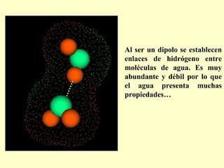 Al ser un dipolo se establecen enlaces de hidrógeno entre moléculas de agua. Es muy abundante y débil por lo que el agua p...