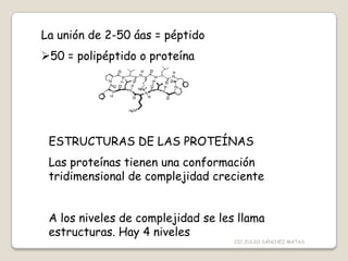La unión de 2-50 áas = péptido
50 = polipéptido o proteína
ESTRUCTURAS DE LAS PROTEÍNAS
Las proteínas tienen una conformación
tridimensional de complejidad creciente
A los niveles de complejidad se les llama
estructuras. Hay 4 niveles
CIC JULIO SÁNCHEZ MATAS
 