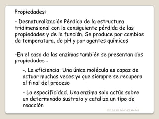 Propiedades:
- Desnaturalización Pérdida de la estructura
tridimensional con la consiguiente pérdida de las
propiedades y de la función. Se produce por cambios
de temperatura, de pH y por agentes químicos
-En el caso de las enzimas también se presentan dos
propiedades :
-. La eficiencia: Una única molécula es capaz de
actuar muchas veces ya que siempre se recupera
al final del proceso
- La especificidad. Una enzima solo actúa sobre
un determinado sustrato y cataliza un tipo de
reacción
CIC JULIO SÁNCHEZ MATAS
 
