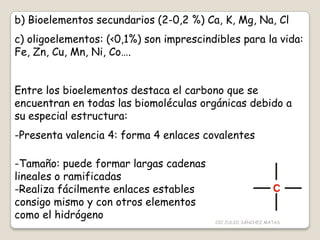 b) Bioelementos secundarios (2-0,2 %) Ca, K, Mg, Na, Cl
c) oligoelementos: (<0,1%) son imprescindibles para la vida:
Fe, Zn, Cu, Mn, Ni, Co….
Entre los bioelementos destaca el carbono que se
encuentran en todas las biomoléculas orgánicas debido a
su especial estructura:
-Presenta valencia 4: forma 4 enlaces covalentes
-Tamaño: puede formar largas cadenas
lineales o ramificadas
-Realiza fácilmente enlaces estables
consigo mismo y con otros elementos
como el hidrógeno
CIC JULIO SÁNCHEZ MATAS
 
