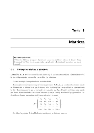 Tema 1
MatricesMatrices
Estructura del tema.
• Conceptos b´asicos y ejemplos • Operaciones b´asicas con matrices • M´etodo de Gauss • Rango
de una matriz • Concepto de matriz regular y propiedades • Determinante asociado a una matriz
cuadrada
1.1. Conceptos b´asicos y ejemplos
Deﬁnici´on 1.1.1. Dados dos n´umeros naturales m y n, una matriz de orden o dimensi´on m×n
es una tabla num´erica rectangular con m ﬁlas y n columnas.
NOTA: Siempre trabajaremos con n´umeros reales.
Las matrices se suelen denotar por letras may´usculas: A, B, X,... y los elementos de una matriz
se denotan con la misma letra que la matriz pero en min´uscula y dos sub´ındices representando
la ﬁla y la columna en la que se encuentra el elemento: aij, bij... Cuando escribimos una matriz
por medio de sus elementos, escribimos estos en forma de tabla y delimitados por par´entesis. Por
ejemplo, escribimos una matriz gen´erica de orden m × n como
A =








a11 a12 a13 ... a1n
a21 a22 a23 ... a2n
a31 a32 a33 ... a3n
... ... ... ... ...
am1 am2 am3 ... amn








.
Se deﬁne la relaci´on de igualdad entre matrices de la siguiente manera:
 