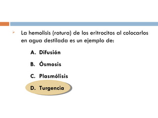    La hemolisis (rotura) de los eritrocitos al colocarlos
    en agua destilada es un ejemplo de:
       A. Difusión
    ...