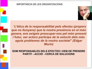 IMPORTÀNCIA DE LES ORGANITZACIONS




      “L'ètica de la responsabilitat pels efectes (propers
    que no llunyans) que la nostra presència en el món
    genera, ens exigeix preocupar-nos pel món present
     i futur, ser actors partícips de la solució dels més
        aguts problemes de la nostra societat” (Edgar
                             Morin)

    SOM RESPONSABLES DELS EFECTES I HEM DE PRENDRE
          PARTIT→ACCIÓ→CERCA DE SOLUCIONS



*
 