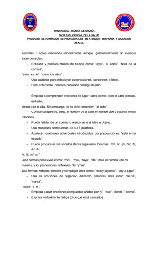 UNIVERSIDAD TECNICA DE ORURO
FACULTAD CIENCIAS DE LA SALUD
PROGRAMA DE FORMACION DE PROFECIONALES EN ATENCION TEMPRANA Y EDUCACION
INFALTIL
sencillas. Emplea oraciones subordinadas aunque gramaticalmente no siempre
sean correctas.
- Entiende y produce frases de tiempo como: “ayer”, el lunes”, “hora de la
comida”,
“esta noche”, “todos los días”.
- Usa palabras para relacionar observaciones, conceptos e ideas.
- Frecuentemente practica hablando consigo mismo.
- Empieza a comprender oraciones de lugar, tales como: “pon el cubo (debajo,
enfrente,
detrás) de la silla. Sin embargo, le es difícil entender: “al lado”.
- Conoce su apellido, sexo, el nombre de la calle en donde vive y algunas rimas
infantiles.
- Puede hablar de un cuento o relacionar una idea u objeto.
- Usa oraciones compuestas de 4 a 5 palabras.
- Aparecen oraciones adverbiales introducidas por preposiciones: “está en la
escuela”.
- Puede pronunciar los sonidos de los siguientes fonemas: /m/, /n/, /p/, /w/, /t/,
/k/, /b/,
/j/, /l/, /s/, /ch/.
-Usa formas posesivas como: “mío”, “mía”, “tuyo”, “de”, más el nombre (de mi
mamá), y los pronombres reflexivos “te” y “se”.
Usa formas verbales simples y complejas tales como: “estoy jugando”, “voy a jugar”.
- Usa las oraciones de negación utilizando palabras tales como: “nada”,
“nunca”,
“nadie” y “ni”.
- Empieza a usar oraciones compuestas unidas por “y”, “que”, “donde”, “como”.
- Expresa verbalmente fatiga (dice que está cansado).
 