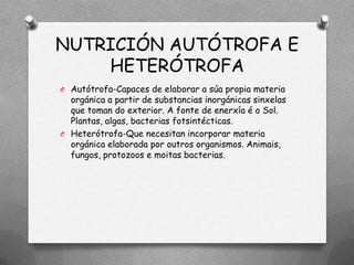 NUTRICIÓN AUTÓTROFA E
    HETERÓTROFA
O Autótrofa-Capaces de elaborar a súa propia materia
  orgánica a partir de substancias inorgánicas sinxelas
  que toman do exterior. A fonte de enerxía é o Sol.
  Plantas, algas, bacterias fotsintécticas.
O Heterótrofa-Que necesitan incorporar materia
  orgánica elaborada por outros organismos. Animais,
  fungos, protozoos e moitas bacterias.
 
