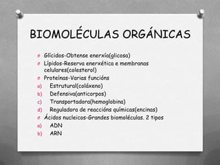BIOMOLÉCULAS ORGÁNICAS
 O Glícidos-Obtense enerxía(glicosa)
 O Lípidos-Reserva enerxética e membranas
      celulares(colesterol)
 O    Proteínas-Varias funcións
 a)     Estrutural(coláxeno)
 b)     Defensiva(anticorpos)
 c)     Transportadora(hemoglobina)
 d)     Reguladora de reaccións químicas(encinas)
 O    Ácidos nucleicos-Grandes biomoléculas. 2 tipos
 a)     ADN
 b)     ARN
 