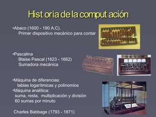 •Abaco (1600 - 190 A.C).
Primer dispositivo mecánico para contar
•Pascalina
Blaise Pascal (1623 - 1662)
Sumadora mecánica
•Máquina de diferencias:
tablas logarítmicas y polinomios
•Máquina analítica:
suma, resta, multiplicación y división
60 sumas por minuto
Charles Babbage (1793 - 1871)
Hist oriadelacomput aciónHist oriadelacomput ación
 