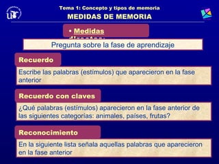 Tema 1: Concepto y tipos de memoria
                MEDIDAS DE MEMORIA

                • Medidas
                directas :
           Pregunta sobre la fase de aprendizaje

Recuerdo
Escribe las palabras (estímulos) que aparecieron en la fase
anterior

Recuerdo con claves
¿Qué palabras (estímulos) aparecieron en la fase anterior de
las siguientes categorías: animales, países, frutas?

Reconocimiento
En la siguiente lista señala aquellas palabras que aparecieron
en la fase anterior
 